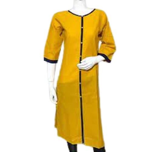 Casual Wear 3/4th Sleeve Round Neck Plain Cotton Kurti For Ladies