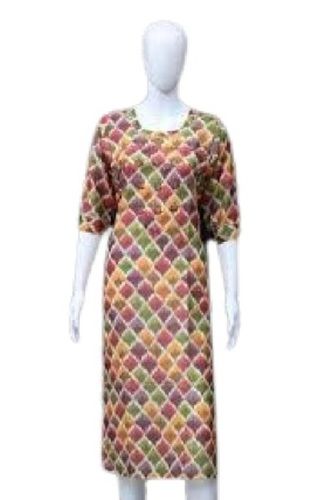 Multicolour Ladies 3/4Th Sleeves Round Neck Cotton Digital Printed Kurti