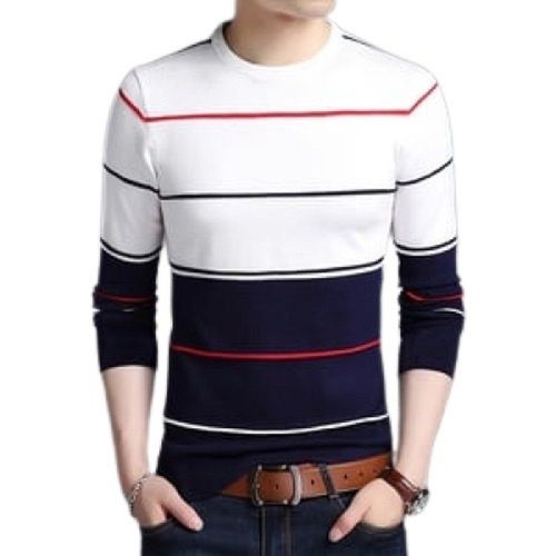 White With Blue Mens Round Neck Long Sleeve Striped Cotton Casual Wear T-Shirt