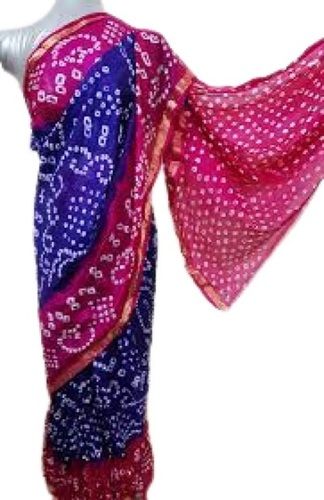 Printed Ladies Blue With Pink Festive Wear Breathable Cotton Silk Bandhani Saree 