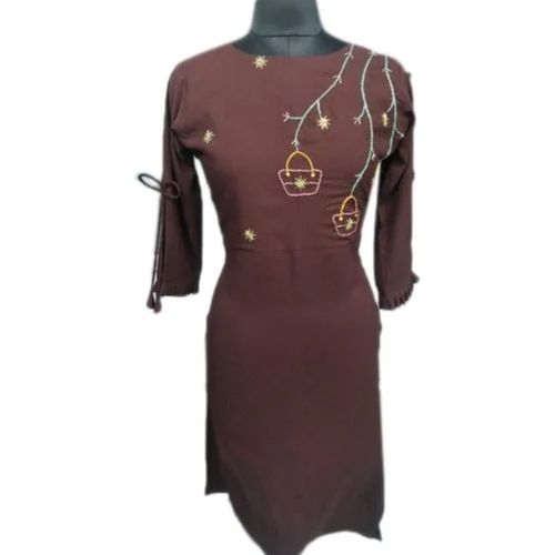 Uni Color Party Wear Designer Embroidered Modern Round Neck 3/4Rth Sleeves Comfortable Cotton Kurti For Women