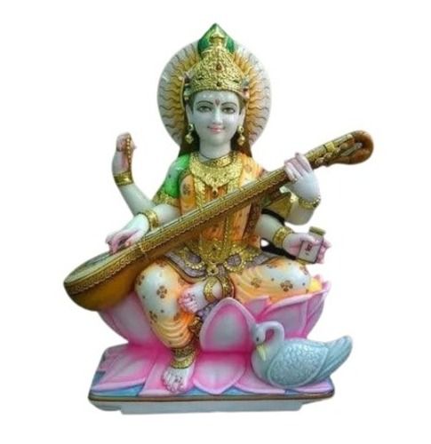 Eco-Friendly 2 Foot Handmade By Hammering Marble Paint Coated Saraswati Statue For Temple