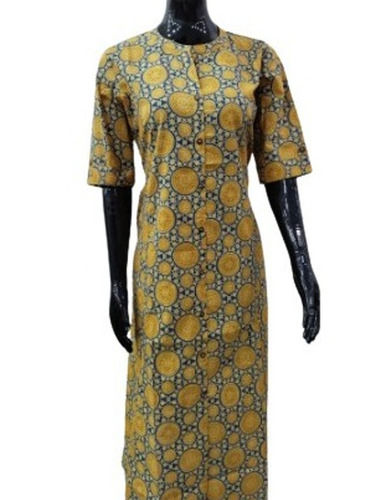 Grey And Light Yellow 3/4Th Sleeves Round Neck Casual Wear Printed Soft Cotton Kurti For Women