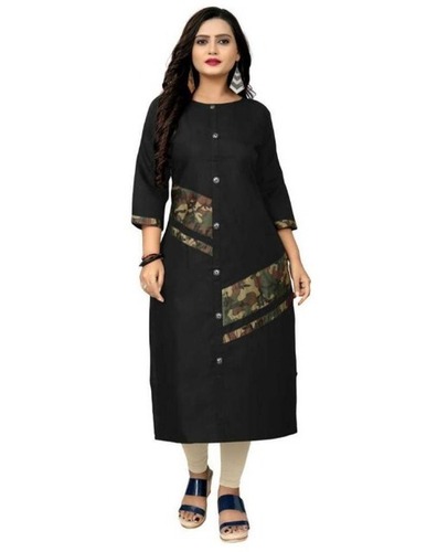 Printed Cotton Kurti - 38 Inches Length, Black Color, 3/4 Sleeves | Breathable, Cool Pass, No Fade Fabric for Ladies Casual Wear