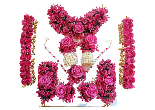 Fabric Base Pearl Stone Fancy Floral Artificial Flower Jewellery Set