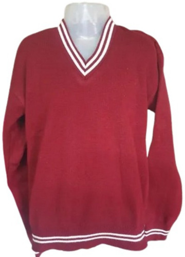 Maroon And White Full Sleeves V Neck Daily Wear Unisex Plain Woolen Sweater 