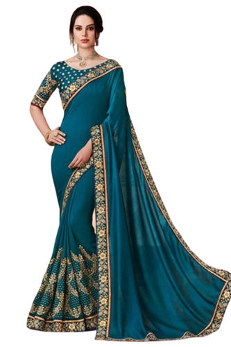 Sea Green Party Wear Plain Zari Work Laces Georgette Bollywood Saree For Woman