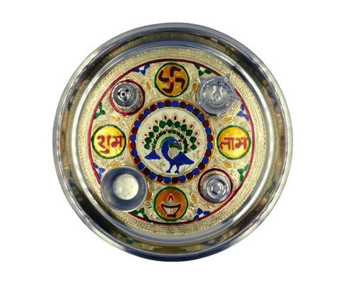Round Printed Polish Finished Stainless Steel Pooja Thali