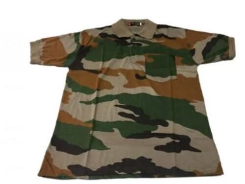 Multicolor Short Sleeve Straight Collar Breathable Printed Polyester Military T Shirt 