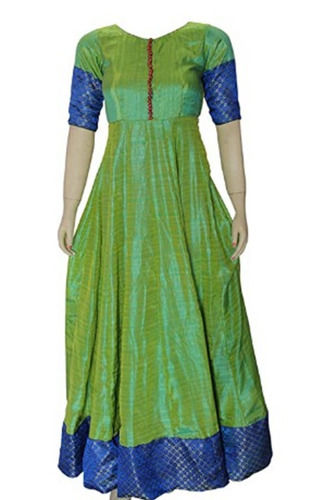 Green Chanderi Frock With Peach Floral Yoke  Shopzters