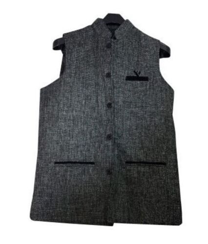 Black Sleeve Less Double Pocket Plain Polyester Nehru Jacket 