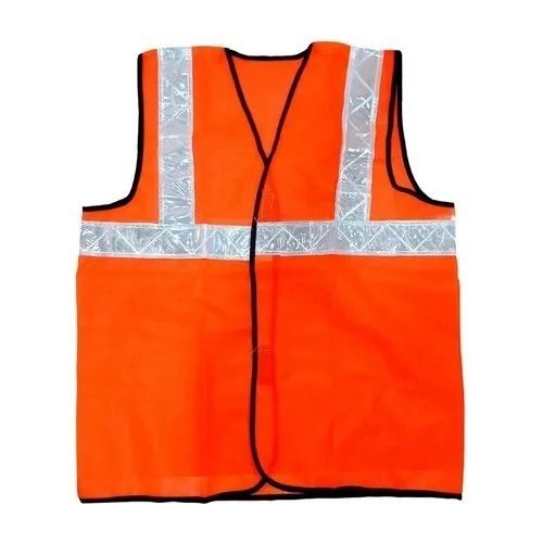 Orange Unisex Round Neck Sleeveless Plain Polyester Reflective Safety Jacket 