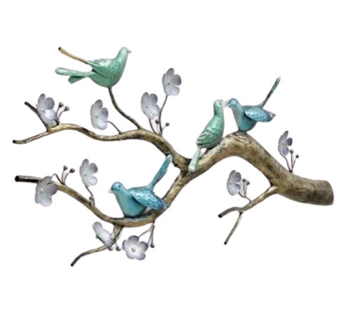 Multi Color 43.2 X 3.5 X 24.5 Inches Metal Frame Four Birds On Tree Design Wall Art 