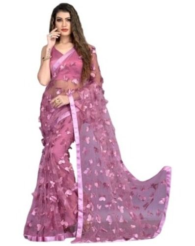 Purple Anti Wrinkle Unfadable Party Wear Designer Soft Net Saree With Blouse Piece