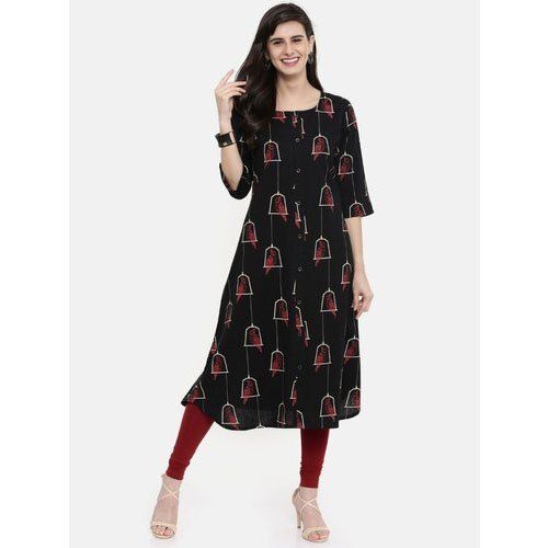 Semi-Automatic Casual Wear Round Neck Half Sleeve Printed Cotton Ladies Long Kurtis 