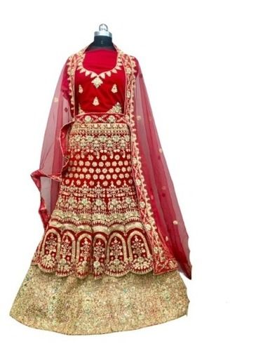 Red Embroidered Soft Velvet Designer Bridal Lehenga With Blouse Piece And Dupatta