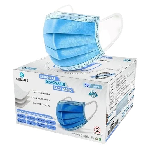 Medical Grade 3 Ply Surgical Disposable Face Mask - 4.5x2.5 Inch, Blue Non-Woven, Sterilized, Recyclable, 50 Pieces