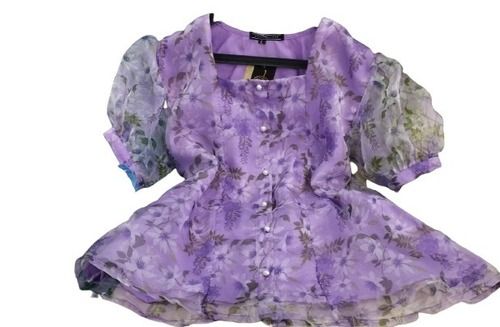 Purple And Grey Short Sleeve Casual Wear Printed Chiffon Top For Girls With Beads Closure