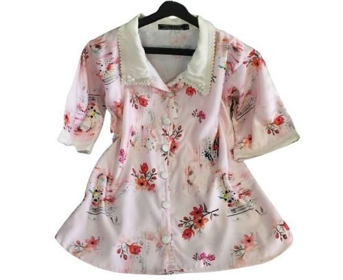 Multicolor Short Sleeve Floral Printed Casual Wear Wrinkle Resistant Cotton Top 