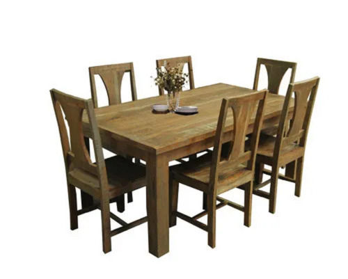 Wood Carving Antique Polished Solid Wooden Dining Table Set With Six Chairs 