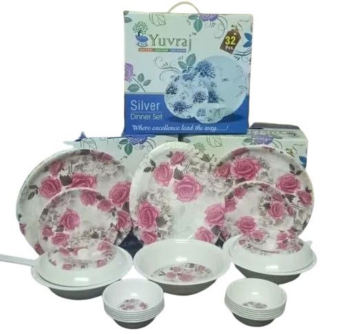 White Durable And Unbreakable Floral Printed Round Acrylic Plastic Dinner Set