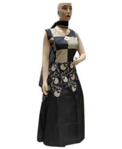 Black And Golden Ladies Regular Fit Sleeveless Round Neck Designer Frock Suits 