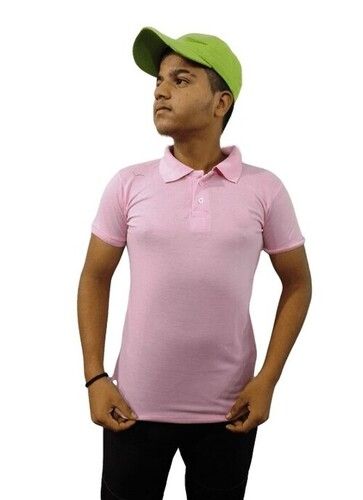 Mens Casual Wear Plain Pink Half Sleeves Poly Cotton Polo T-Shirts