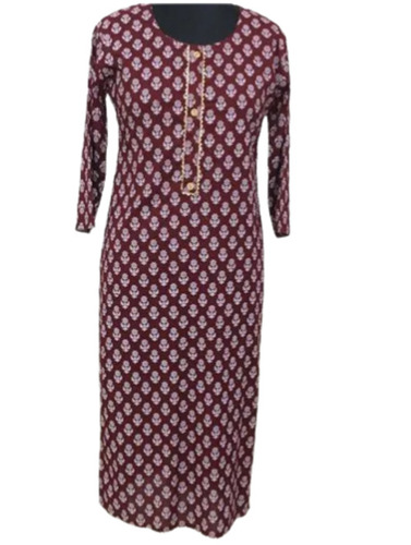 Casual Wear 3/4th Sleeves Round Neck Printed Cotton Kurti For Women - Cotton