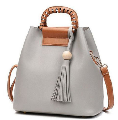 Brown And Grey Plain Rectangular Ladies Pu Leather Handbag