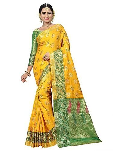 Yellow And Green Cotton Silk Saree