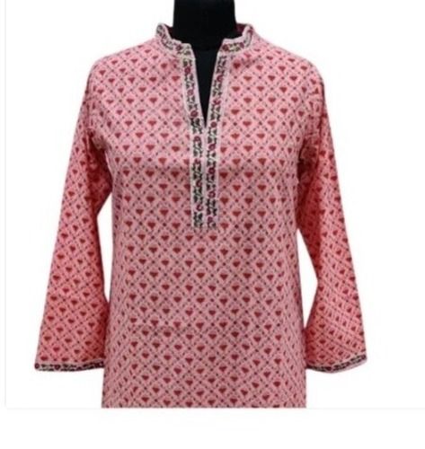 Light Pink And Red Ladies Full Sleeves V Neck Casual Wear Trendy Printed Soft Cotton Kurti 