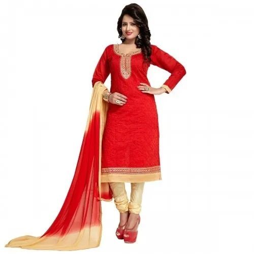 Red Full Sleeves Embroidered Round Neck And Border Ladies Cotton Suit