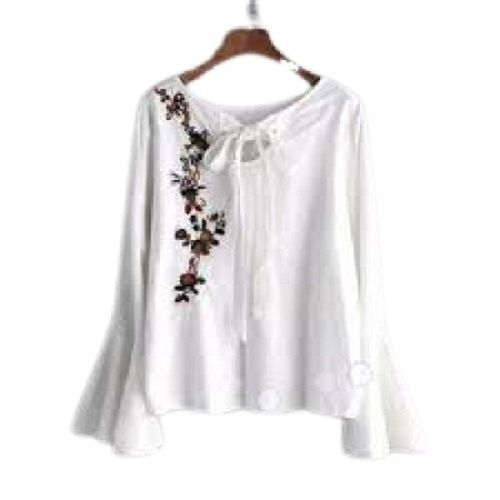 Ladies White Embroidered Full Sleeve Casual Wear Cotton Top For Summer Season