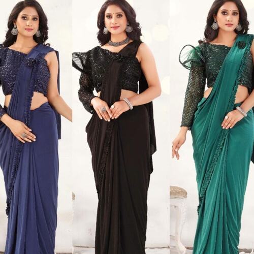 Georgette Sequin Ruffle Saree, Blouse Color: Green, Full Washable