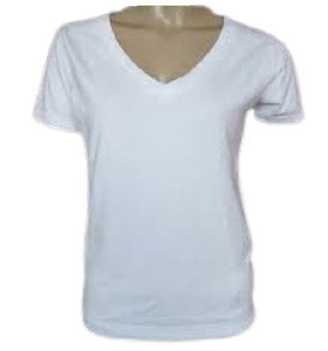 White Plain V Neck Collar Short Sleeve Casual Wear Cotton T-Shirt For Ladies