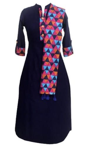 Printed 3/4Th Sleeve Casual Wear Navy Blue Cotton Kurti For Ladies Decoration Material: Laces