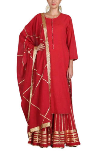 Red Women Regular Fit Full Sleeves Round Neck Plain Cotton Sharara Suit With Dupatta