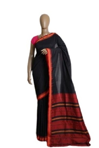 Black With Red Women Soft Plain Pattern Comfortable Feel To Skin Pure Cotton Slik Saree