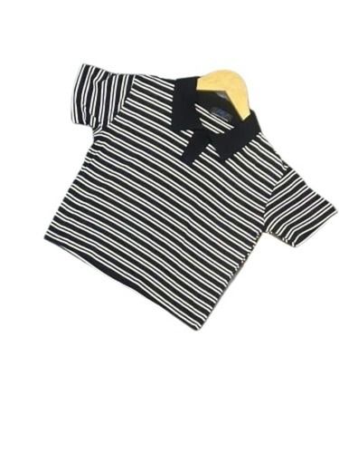 Black And White Casual Wear Short Sleeves Polo Collar Striped Cotton T-Shirt For Girls