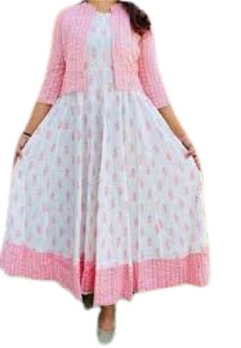 White With Pink 30 Inch Long Breathable Printed 3/4Th Sleeve Casual Wear Cotton Kurti For Women