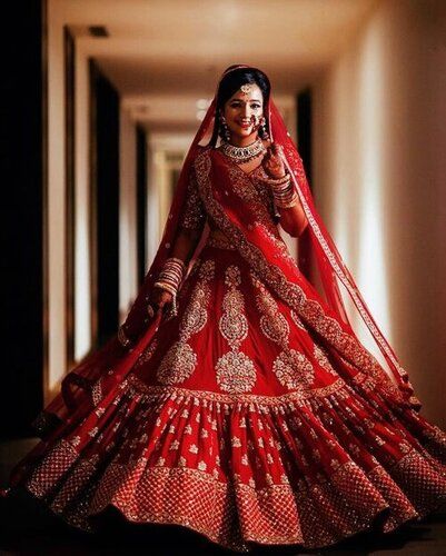 Machine Zari Work Embroidery Indian Bridal Lehenga For Wedding Wear