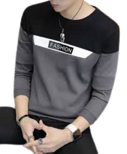 Men Round Neck Long Sleeve Comfortable Soft Cotton Regular Fit T-Shirt - Cotton, Sizes: S, M, L, XL, XS, XXS, Color: Black with Grey, O-Neck, Long Sleeves