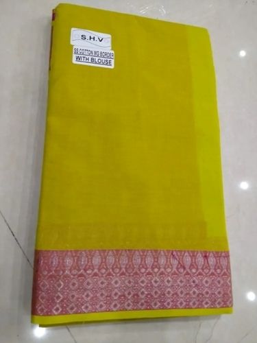 Yellow Traditional Wear Heavy Border Plain Cotton Silk Saree With Blouse Piece For Women