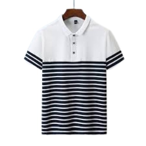 White And Black Causal Wear Half Sleeve Stylish Striped Polo Cotton T-Shirts For Men