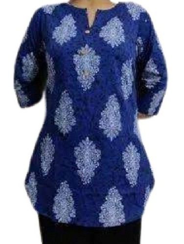 Navy Blue Fancy Simple Printed 3/4Th Sleeve Casual Wear Cotton Printed Top For Women