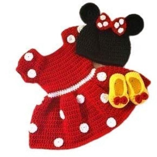 Short Sleeves Daily Wear Knitted Woolen Baby Frocks With Cap And Shoes