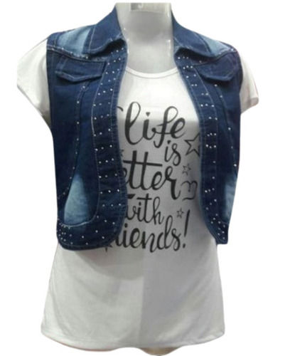 Plain 20 Inches Comfortable Daily Wear Denim Jacket And Cotton Top For Ladies