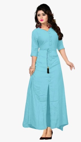 Sky Blue 48 Inches 3/4Th Sleeves Regular Fit Casual Wear Plain Rayon Kurti For Women