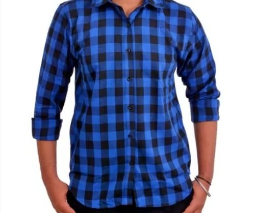 Full Sleeves Spread Collar Button Closure Casual Wear Checked Cotton Shirt For Mens