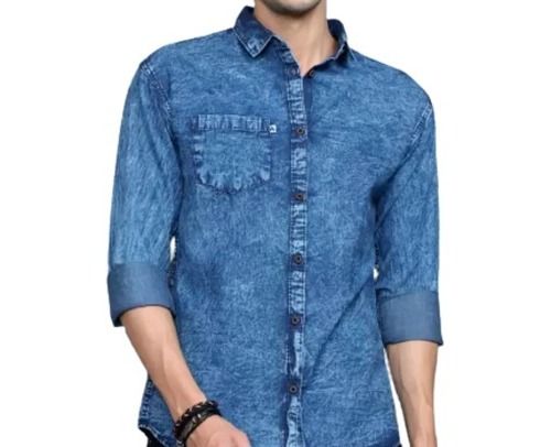 Full Sleeves Spread Collar Button Closure Casual Wear Plain Denim Shirt For Mens